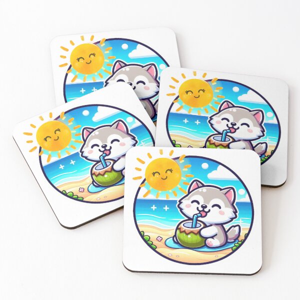 Item preview, Cute Husky Drinking Coconut on the Beach -Kawaii Summer Dog designed and sold by carestazafeli.