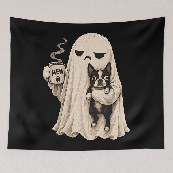 Item preview, Ghost Holding Coffee Meh And Boston Terrier Cute Spooky Halloween Dog Fan Apparel designed and sold by Sendowart.