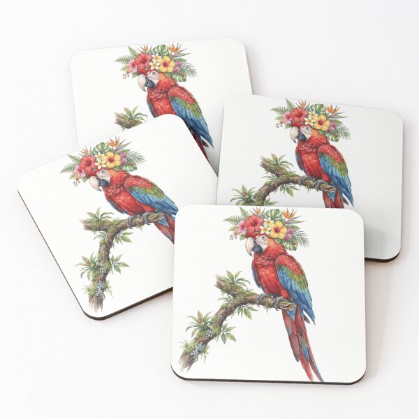 Item preview, Parrot Wearing Tropical Flower Crown Perched - Watercolor Design designed and sold by larbimalki.