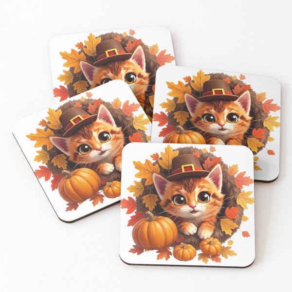 Item preview, Cute Thanksgiving Cat with Pilgrim Hat and Autumn Pumpkins Wreath designed and sold by LavIsInTheAir.
