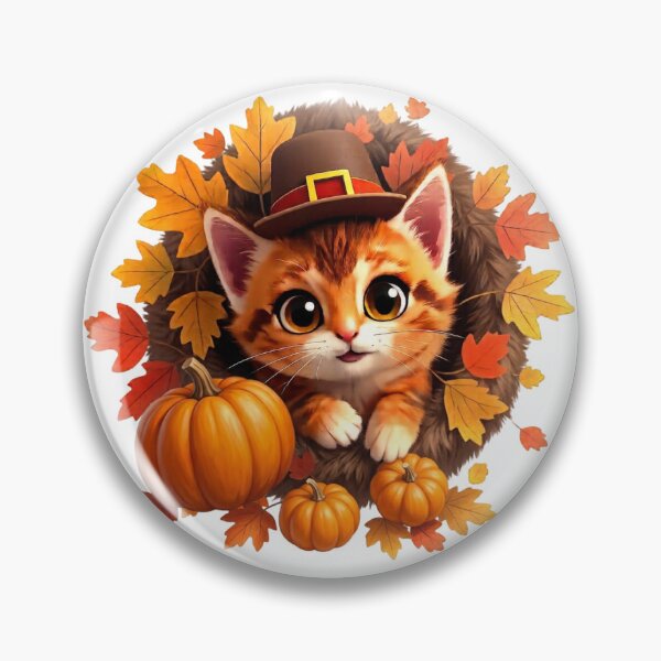 Item preview, Cute Thanksgiving Cat with Pilgrim Hat and Autumn Pumpkins Wreath designed and sold by LavIsInTheAir.