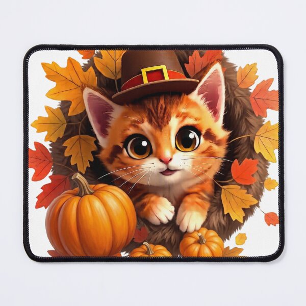 Item preview, Cute Thanksgiving Cat with Pilgrim Hat and Autumn Pumpkins Wreath designed and sold by LavIsInTheAir.