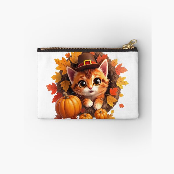 Item preview, Cute Thanksgiving Cat with Pilgrim Hat and Autumn Pumpkins Wreath designed and sold by LavIsInTheAir.