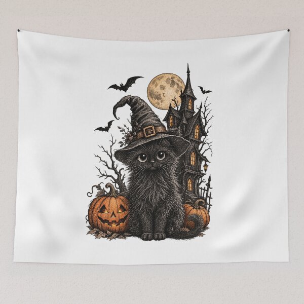 Item preview,  Mystical Black Cat Halloween Haunted Forest Pumpkin Moon Bats Vintage  designed and sold by SOUFIANE1991.
