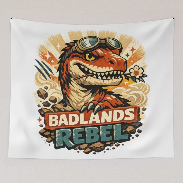 Item preview, Badlands Rebel Raptor Retro Dinosaur Adventure Western Art Design Print designed and sold by inkoutninja.
