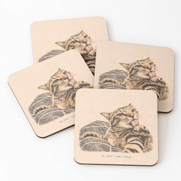 Item preview, Grooming Tabby Cat Licking Paw: Vintage Linocut designed and sold by HowHoFamily.