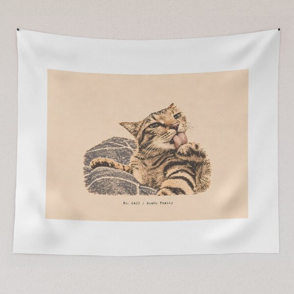 Item preview, Grooming Tabby Cat Licking Paw: Vintage Linocut designed and sold by HowHoFamily.