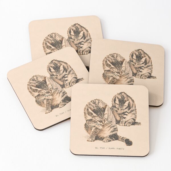 Item preview, Two Tabby Cats Grooming: Vintage Linocut designed and sold by HowHoFamily.