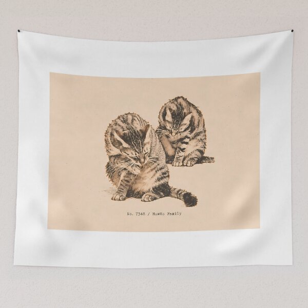 Item preview, Two Tabby Cats Grooming: Vintage Linocut designed and sold by HowHoFamily.