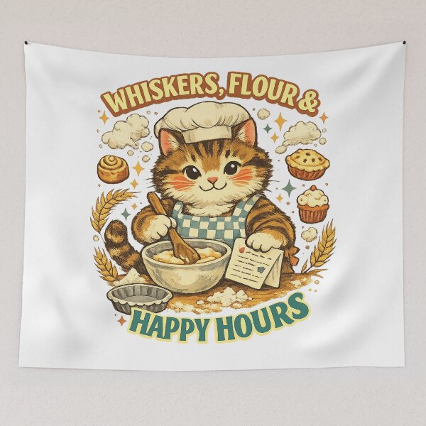 Item preview, Whiskers Flour Happy Hours Cute Baking Cat Art Design Print designed and sold by inkoutninja.