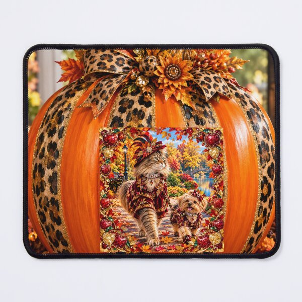 Item preview, Fancy Autumn Maine Coon Cat & Yorkie in Jeweled Fall Finery Portrait designed and sold by Extremeallie.
