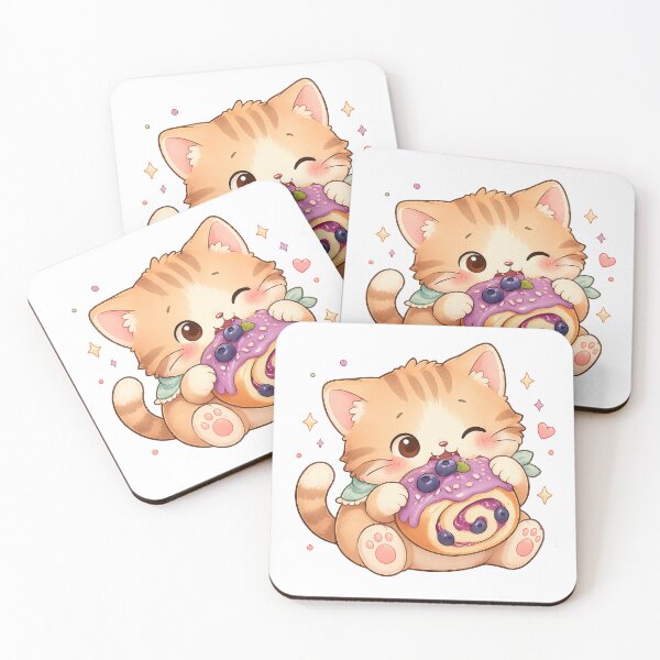 Item preview, Cute Kitten Blueberry Cake Kawaii Dessert Food Art Design Print designed and sold by inkoutninja.