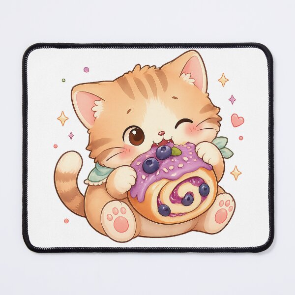 Item preview, Cute Kitten Blueberry Cake Kawaii Dessert Food Art Design Print designed and sold by inkoutninja.