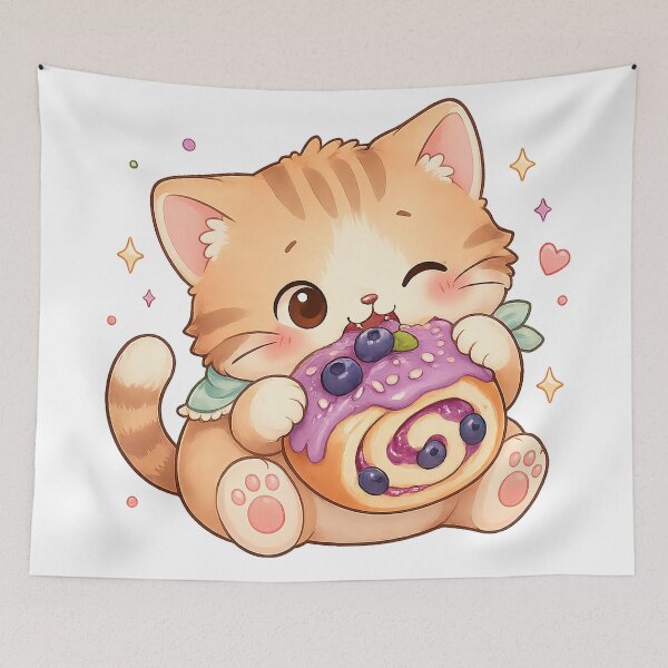 Item preview, Cute Kitten Blueberry Cake Kawaii Dessert Food Art Design Print designed and sold by inkoutninja.