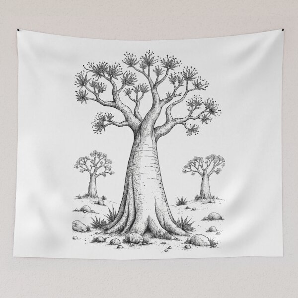 Item preview, Ancient Baobab Tree Monochrome Botanical African Landscape Art Design designed and sold by inkoutninja.