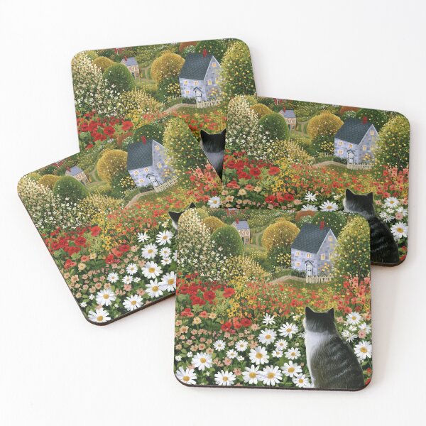 Item preview, Cottagecore Flower Meadow Cat Sunset Village Landscape & Whimsical Cat designed and sold by Whimsical Wayfarer.