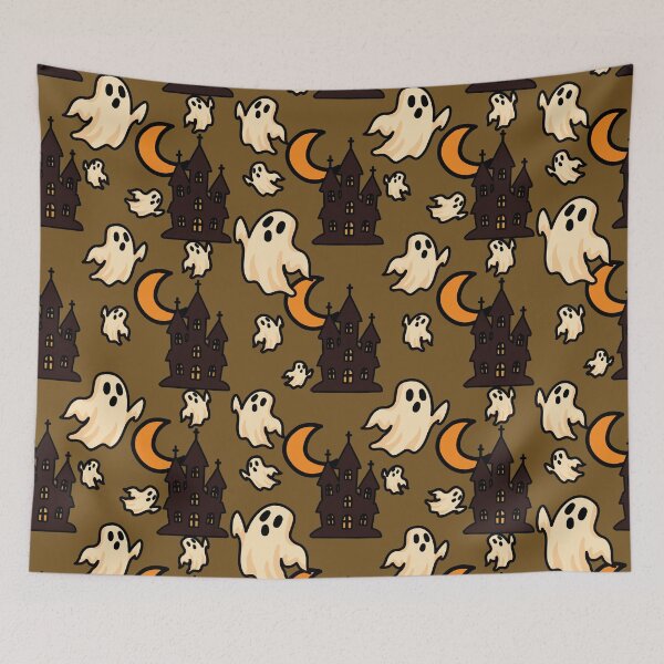 Item preview, Spooky Halloween ghost and haunted castle seamless pattern background designed and sold by PowerAntShop.