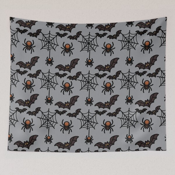 Item preview, Halloween seamless pattern with bats spiders and spiderwebs on grey designed and sold by PowerAntShop.