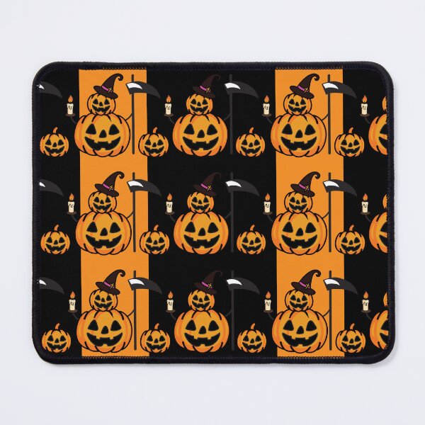 Item preview, Halloween seamless pattern with carved pumpkins and scythe on stripes designed and sold by PowerAntShop.