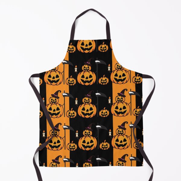Item preview, Halloween seamless pattern with carved pumpkins and scythe on stripes designed and sold by PowerAntShop.