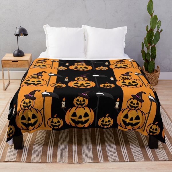 Item preview, Halloween seamless pattern with carved pumpkins and scythe on stripes designed and sold by PowerAntShop.