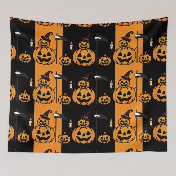 Item preview, Halloween seamless pattern with carved pumpkins and scythe on stripes designed and sold by PowerAntShop.