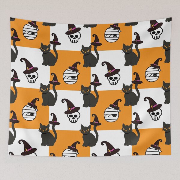 Item preview, Halloween seamless pattern with black cats and skulls on stripes designed and sold by PowerAntShop.