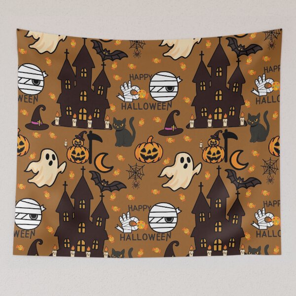 Item preview, Happy Halloween seamless pattern with haunted castle ghost and pumpkin designed and sold by PowerAntShop.