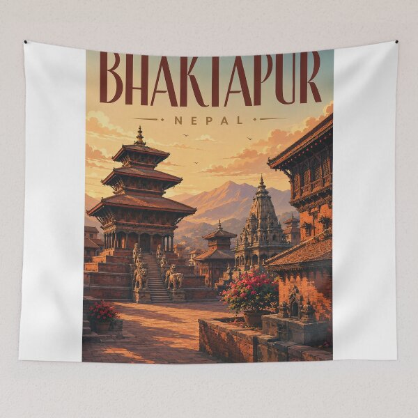 Aperçu de l'œuvre Bhaktapur Nepal Durbar Square Temples beneath Kathmandu Valley Mountains créée et vendue par StampMyPassport.