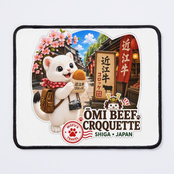 Item preview, Mofu Enjoying Omi Beef Croquette in Shiga, Japan – Cute Japanese Food Travel Illustration designed and sold by aoisora-kiki55.