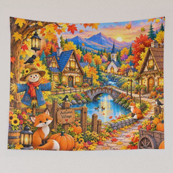 Item preview, Cozy Autumn Village – Whimsical Fall Cottage & Foxes designed and sold by CreativeCharmCo.