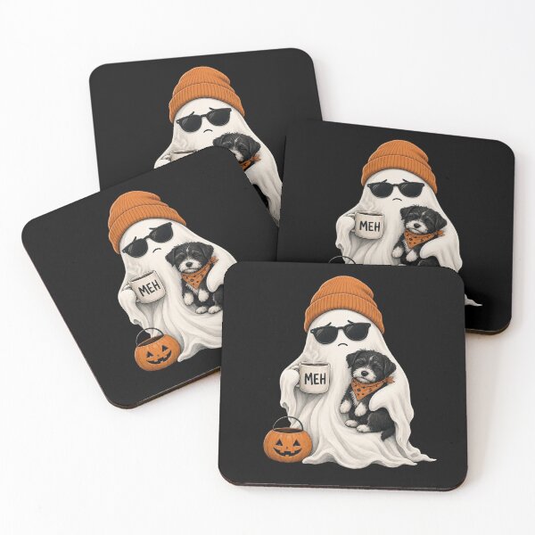 Item preview, Meh Ghost Drinking Coffee Cute Puppy Dog Halloween designed and sold by CF_VintageDesign.