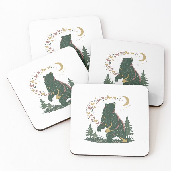 Item preview, Moonlit Bear Butterflies Forest Cottagecore Wildlife Fantasy Art Design Print designed and sold by inkoutninja.