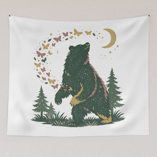Item preview, Moonlit Bear Butterflies Forest Cottagecore Wildlife Fantasy Art Design Print designed and sold by inkoutninja.