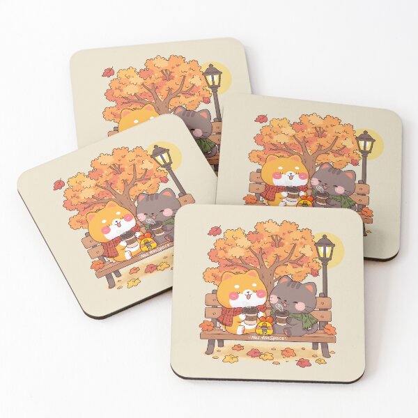 Item preview, Cozy Autumn Coffee Date – Cute Shiba, Tabby Cat & Little Chicken designed and sold by NasDoodleArt.