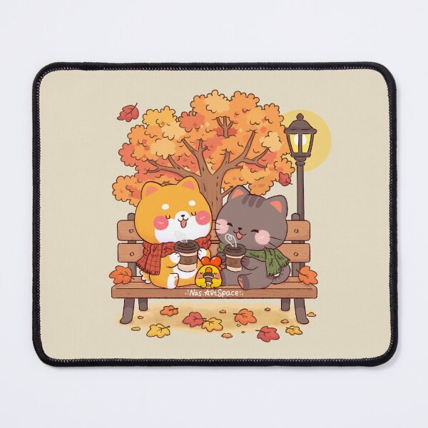 Item preview, Cozy Autumn Coffee Date – Cute Shiba, Tabby Cat & Little Chicken designed and sold by NasDoodleArt.