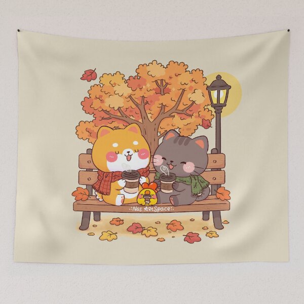 Item preview, Cozy Autumn Coffee Date – Cute Shiba, Tabby Cat & Little Chicken designed and sold by NasDoodleArt.