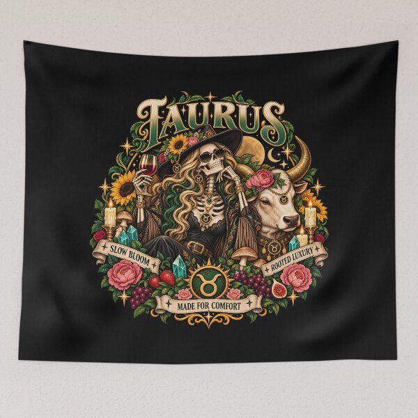 Item preview, Gothic Taurus Zodiac Witch – Skeleton, Bull & Botanical Astrology Art designed and sold by NinthLantern.