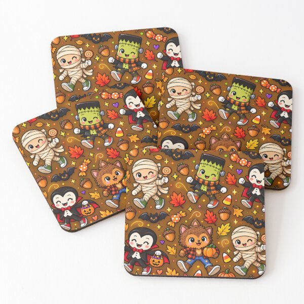 Item preview, Kawaii Halloween Monsters Fall Pattern – Cute Mummy, Vampire, Werewolf & Frankenstein Autumn Design designed and sold by ALH Apparel.