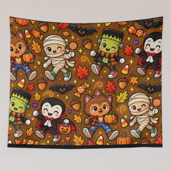 Item preview, Kawaii Halloween Monsters Fall Pattern – Cute Mummy, Vampire, Werewolf & Frankenstein Autumn Design designed and sold by ALH Apparel.