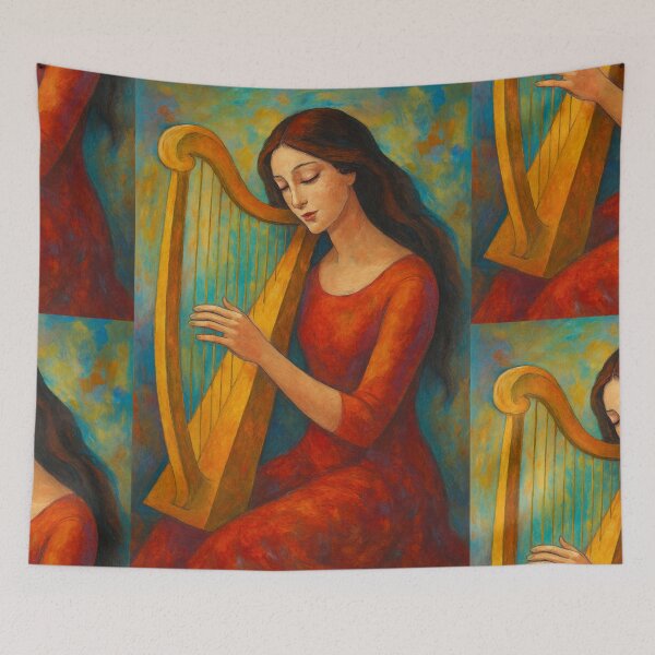 Item preview, Harpist Playing the Harp painting. designed and sold by GalleryKauffeld.