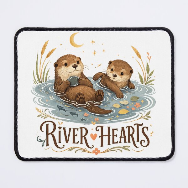 Item preview, River Hearts Cute Otter Pair Moonlit Wildlife Art Design Print designed and sold by inkoutninja.