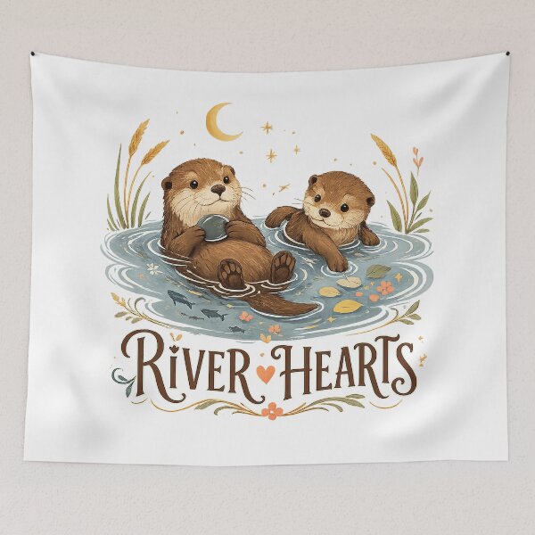 Item preview, River Hearts Cute Otter Pair Moonlit Wildlife Art Design Print designed and sold by inkoutninja.