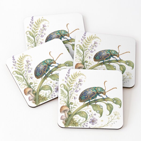 Item preview, Enchanted Beetle Botanical Mushroom Woodland Fantasy Nature Art Design designed and sold by inkoutninja.