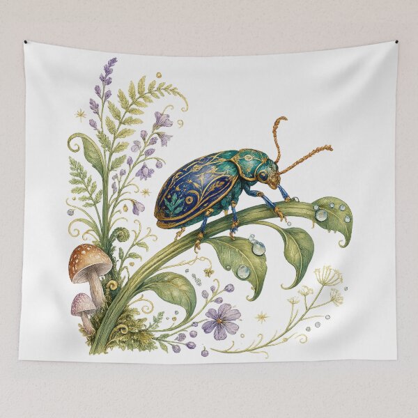 Item preview, Enchanted Beetle Botanical Mushroom Woodland Fantasy Nature Art Design designed and sold by inkoutninja.