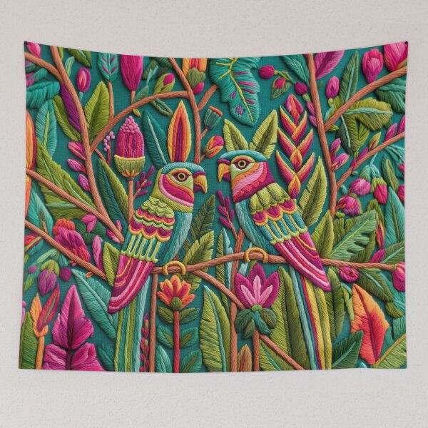 Item preview, Modern Embroidery Parakeets Tropical Garden designed and sold by artsandsoul.