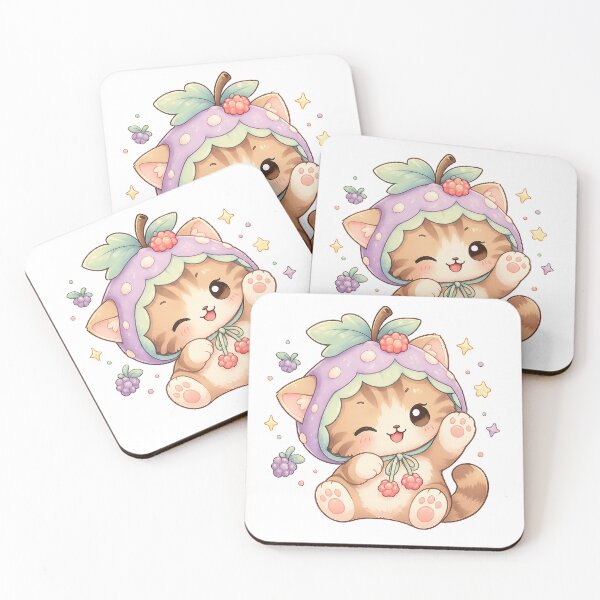 Item preview, Kawaii Berry Cat Cute Fruit Hood Pastel Art Design Print designed and sold by inkoutninja.