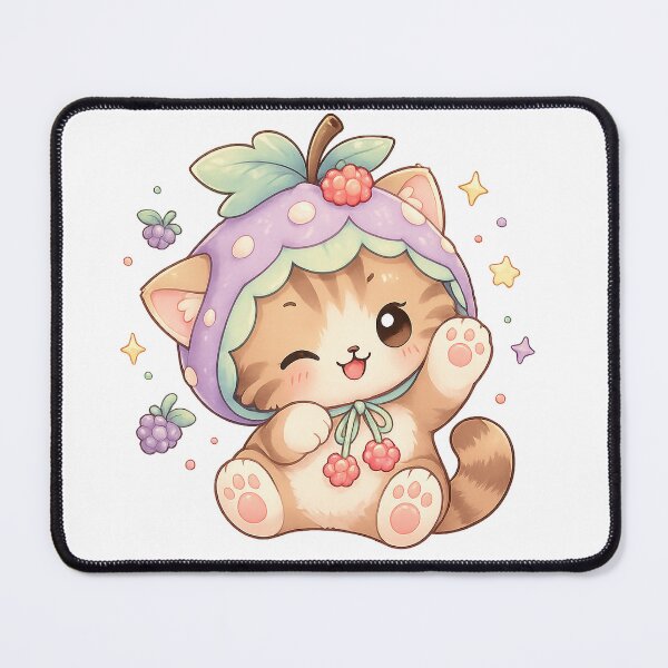 Item preview, Kawaii Berry Cat Cute Fruit Hood Pastel Art Design Print designed and sold by inkoutninja.