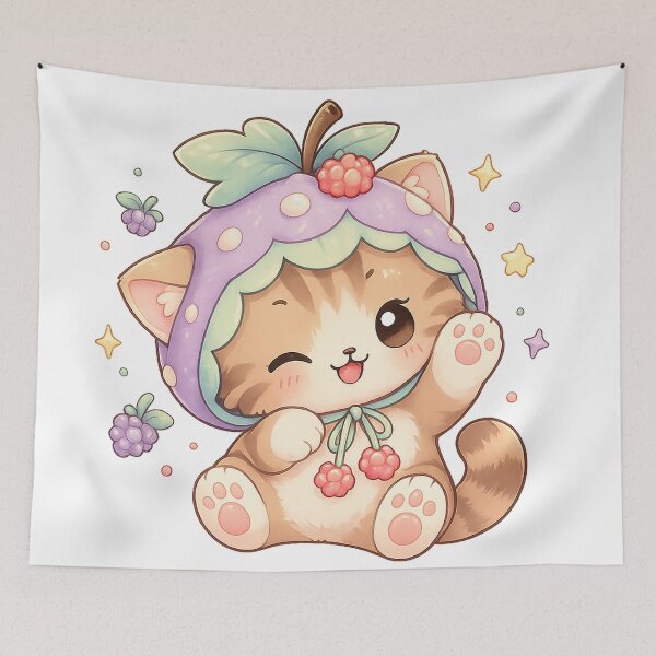 Item preview, Kawaii Berry Cat Cute Fruit Hood Pastel Art Design Print designed and sold by inkoutninja.