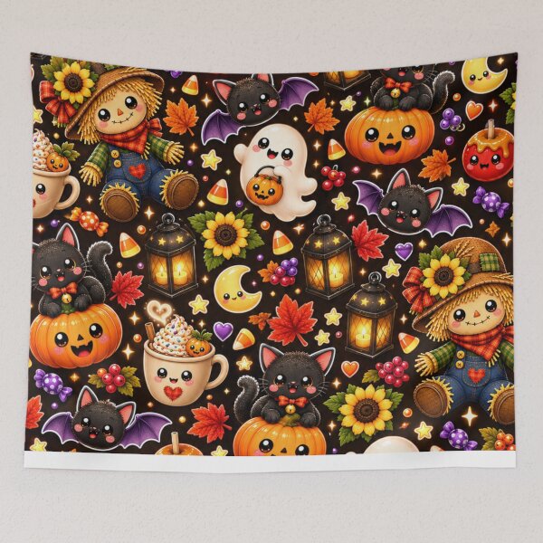 Item preview, Kawaii Halloween Fall Pattern – Cute Scarecrow, Ghost, Black Cat, Pumpkins & Autumn Candy Design designed and sold by ALH Apparel.